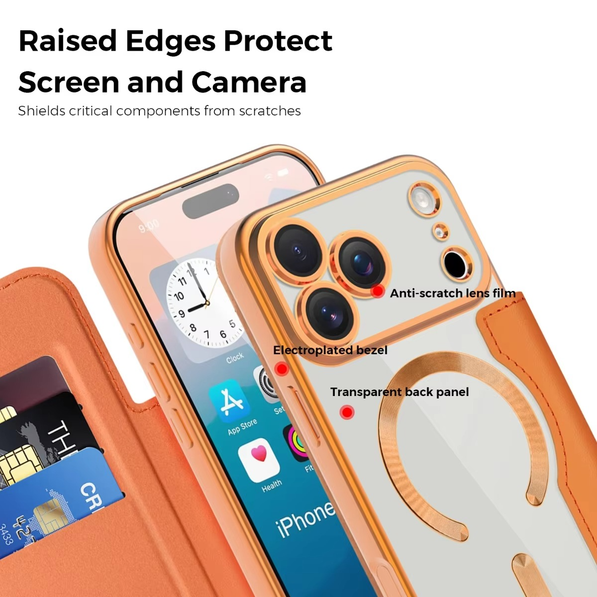 Luxury iPhone Case — Transparent Flip Leather MagSafe Compatible Magnetic Wallet Cover, Shockproof, Anti-Fingerprint, Card Holder, Kickstand, Dustproof Design
