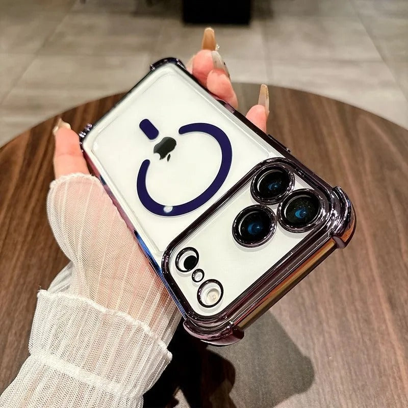 Luxury iPhone Case — Transparent MagSafe Soft TPU Airbag Cover with Shockproof Anti-Knock Clear Full Protection for Wireless Charging