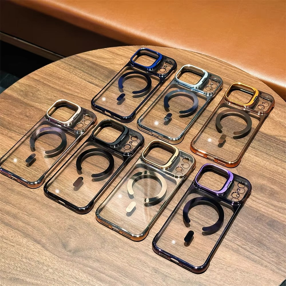 Luxury iPhone Case — Ultra-Thin Frameless Magnetic Plating Cover with Cooling Metal Camera Holder, MagSafe Compatible, Shockproof, Lightweight Full Protection Design