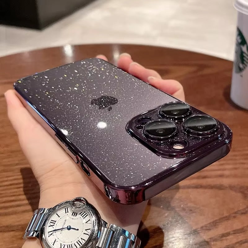 Luxury Glitter Transparent iPhone Case — Slim Hard PC Cover with Anti-Fingerprint, Anti-Scratch, Dustproof, Non-Slip Design, Clear Plating Camera Protection