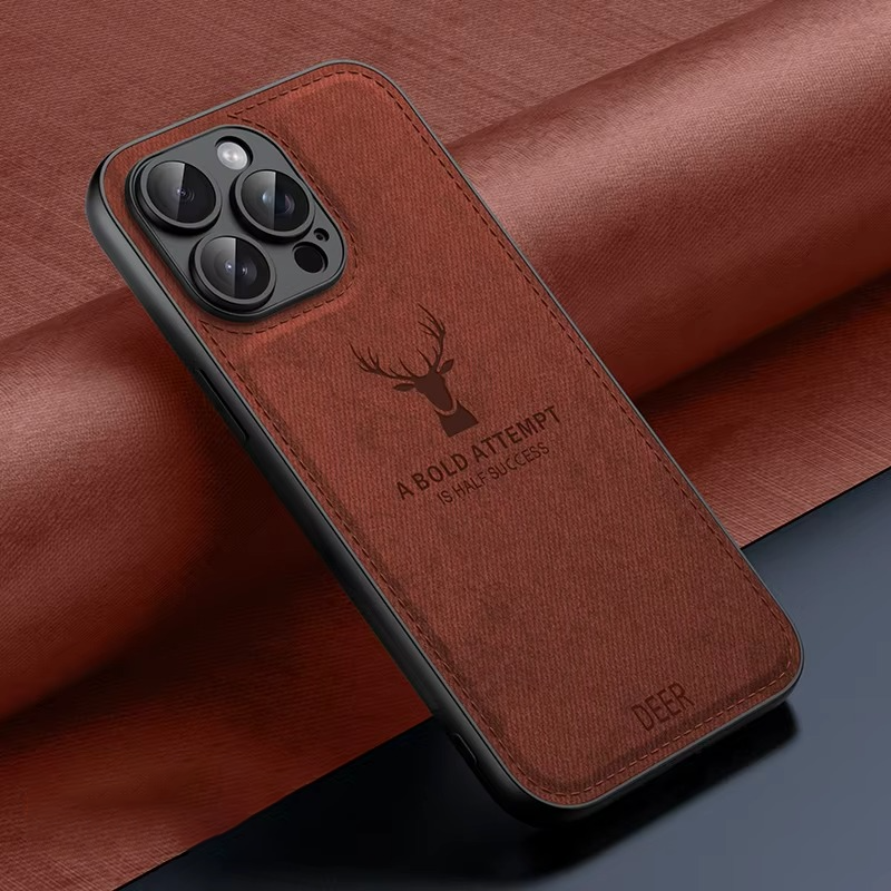Luxury iPhone Case — Cloth Leather Deer Head Pattern Cover with Shockproof Soft Full-Coverage Protection, Anti-Fingerprint Matte Non-Slip Design