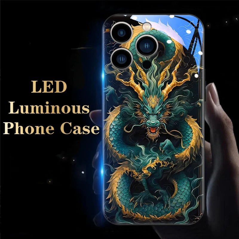Luxury iPhone Case Green Dragon LED Light Cover — Smart Sound Control Glowing Design, Tempered Glass Back, Shockproof Anti-Fingerprint Full Coverage Protection
