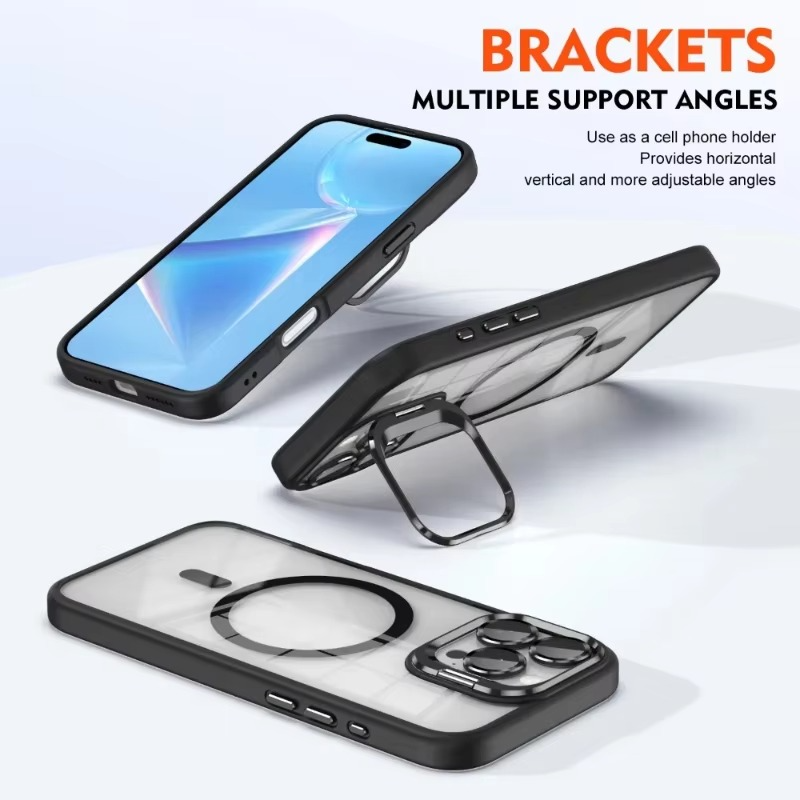 Luxury iPhone Case MagSafe Compatible Shockproof Cover — Magnetic Design with Stand, Glass Camera Lens Protector, Full Coverage Slim Scratch-Resistant Protection