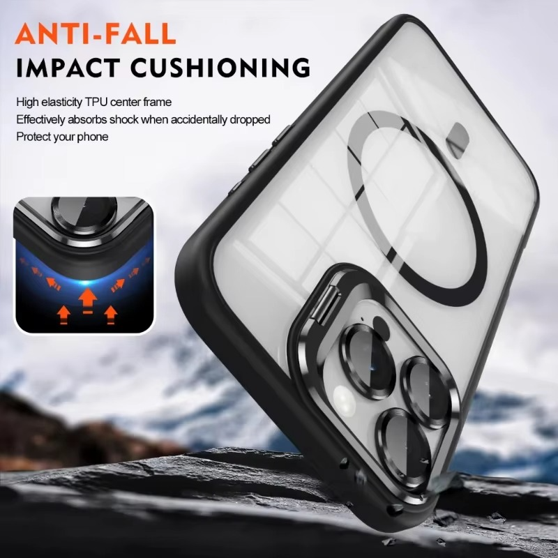 Luxury iPhone Case MagSafe Compatible Shockproof Cover — Magnetic Design with Stand, Glass Camera Lens Protector, Full Coverage Slim Scratch-Resistant Protection