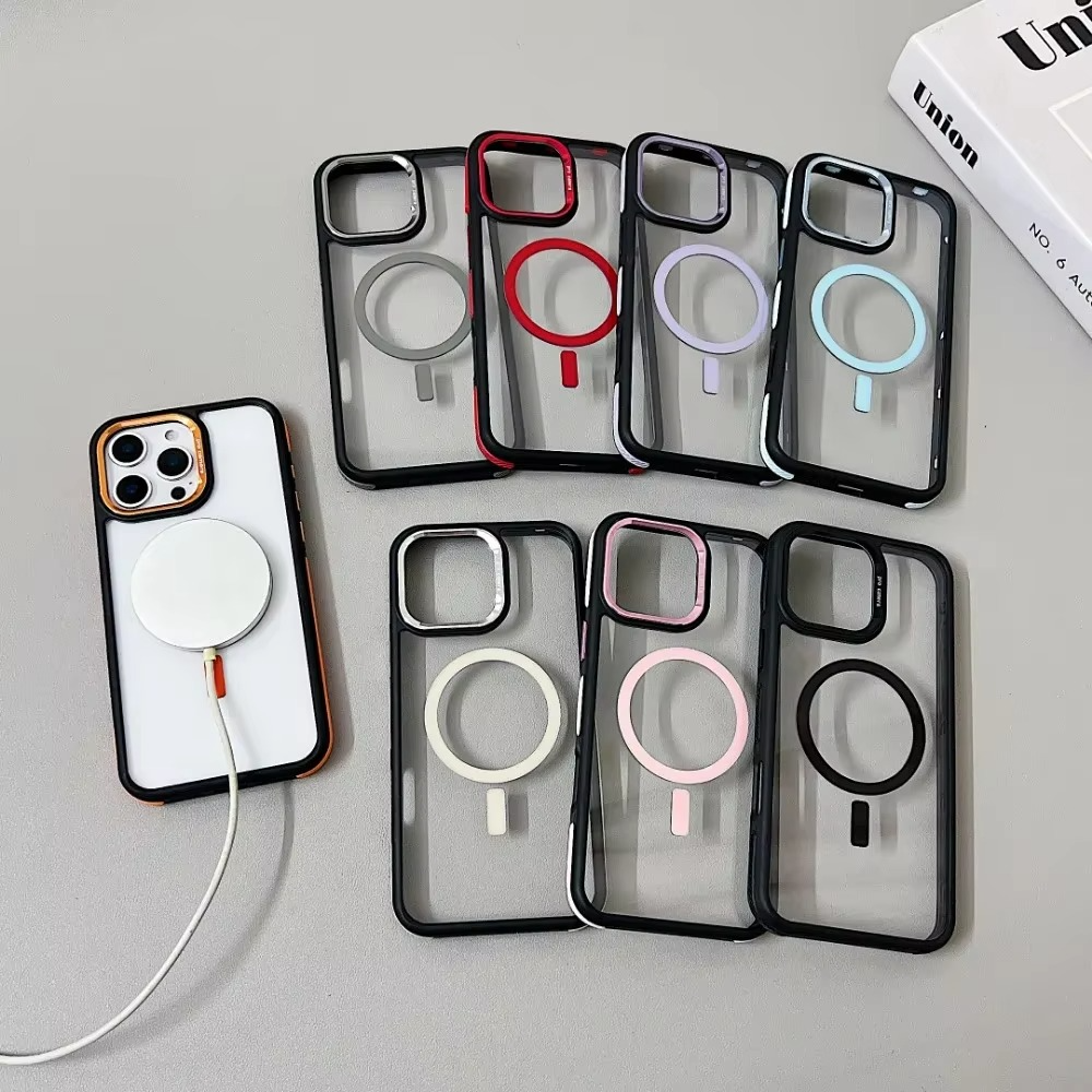 Luxury iPhone Case MagSafe Compatible Shockproof Cover — Magnetic Design with Stand, Glass Camera Lens Protector, Slim Transparent Anti-Fingerprint Finish