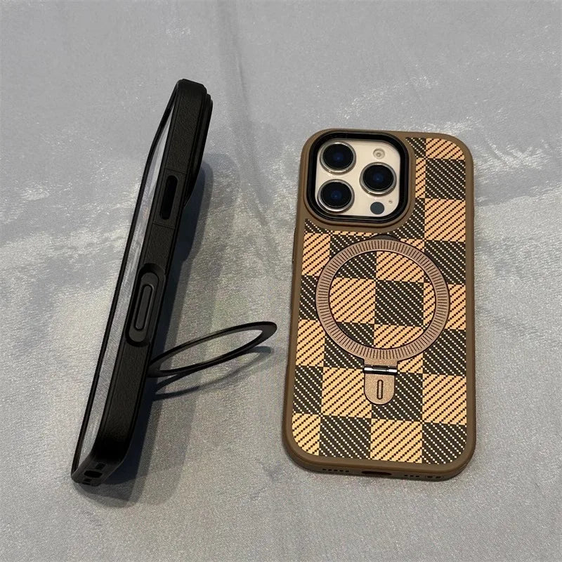 Luxury iPhone Case Titanium Gold Carbon Fiber Cover — MagSafe Compatible Magnetic Charging, Shockproof Hard Back with Ring Kickstand Holder, Anti-Fingerprint Design