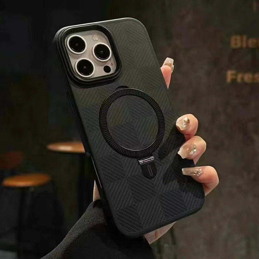 Luxury iPhone Case Titanium Gold Carbon Fiber Cover — MagSafe Compatible Magnetic Charging, Shockproof Hard Back with Ring Kickstand Holder, Anti-Fingerprint Design