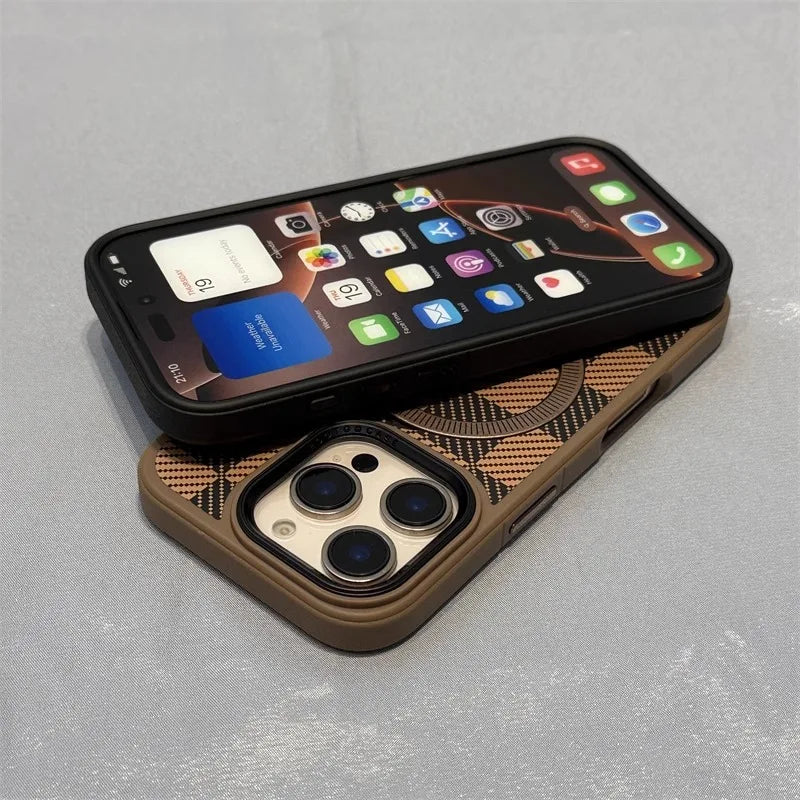 Luxury iPhone Case Titanium Gold Carbon Fiber Cover — MagSafe Compatible Magnetic Charging, Shockproof Hard Back with Ring Kickstand Holder, Anti-Fingerprint Design