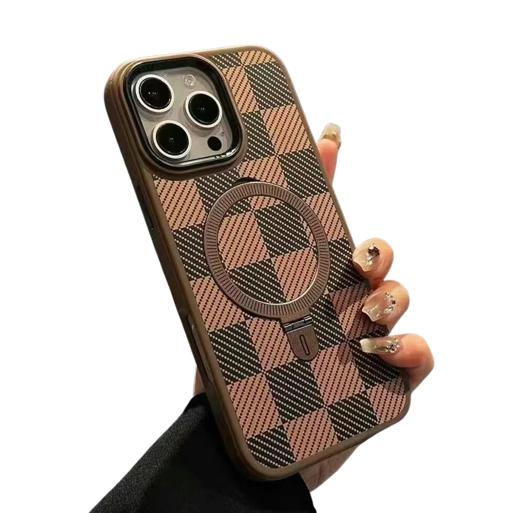 Luxury iPhone Case Titanium Gold Carbon Fiber Cover — MagSafe Compatible Magnetic Charging, Shockproof Hard Back with Ring Kickstand Holder, Anti-Fingerprint Design