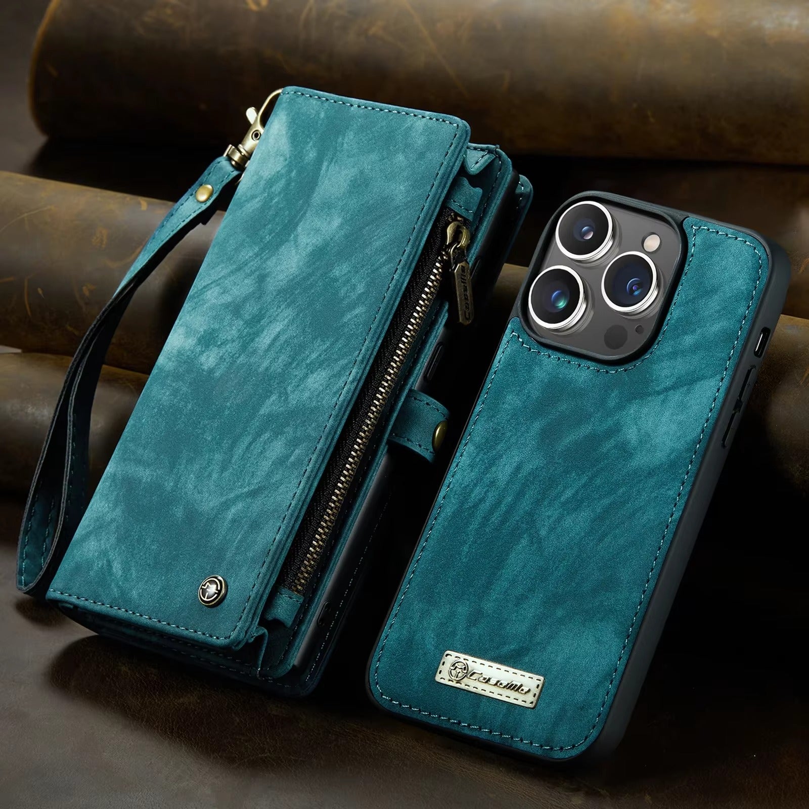 Luxury iPhone Case — 2-in-1 Detachable Magnetic Wallet Cover with Zipper Card Slots, Kickstand Feature and Matte Anti-Fingerprint Leather Design