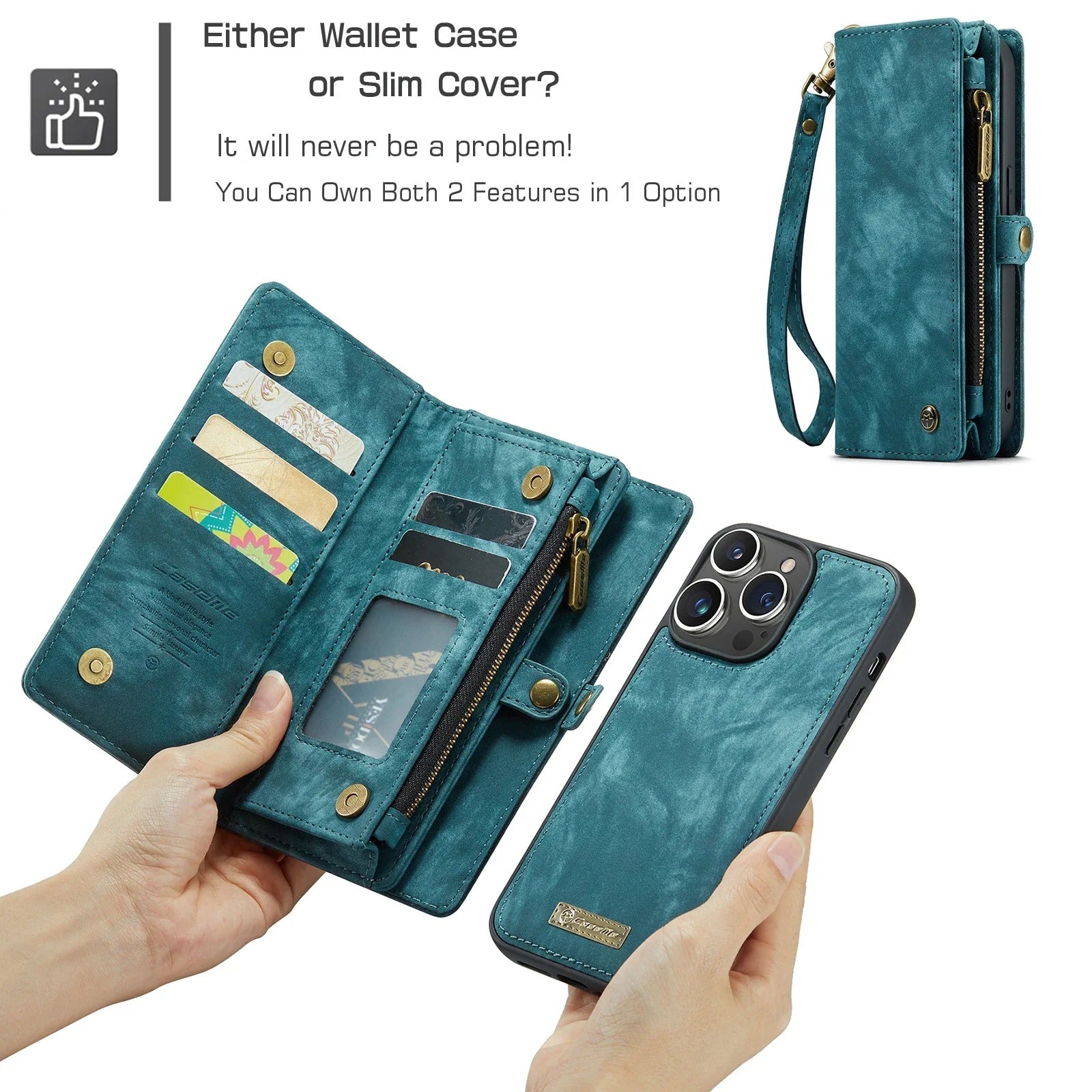 Luxury iPhone Case — 2-in-1 Detachable Magnetic Wallet Cover with Zipper Card Slots, Kickstand Feature and Matte Anti-Fingerprint Leather Design