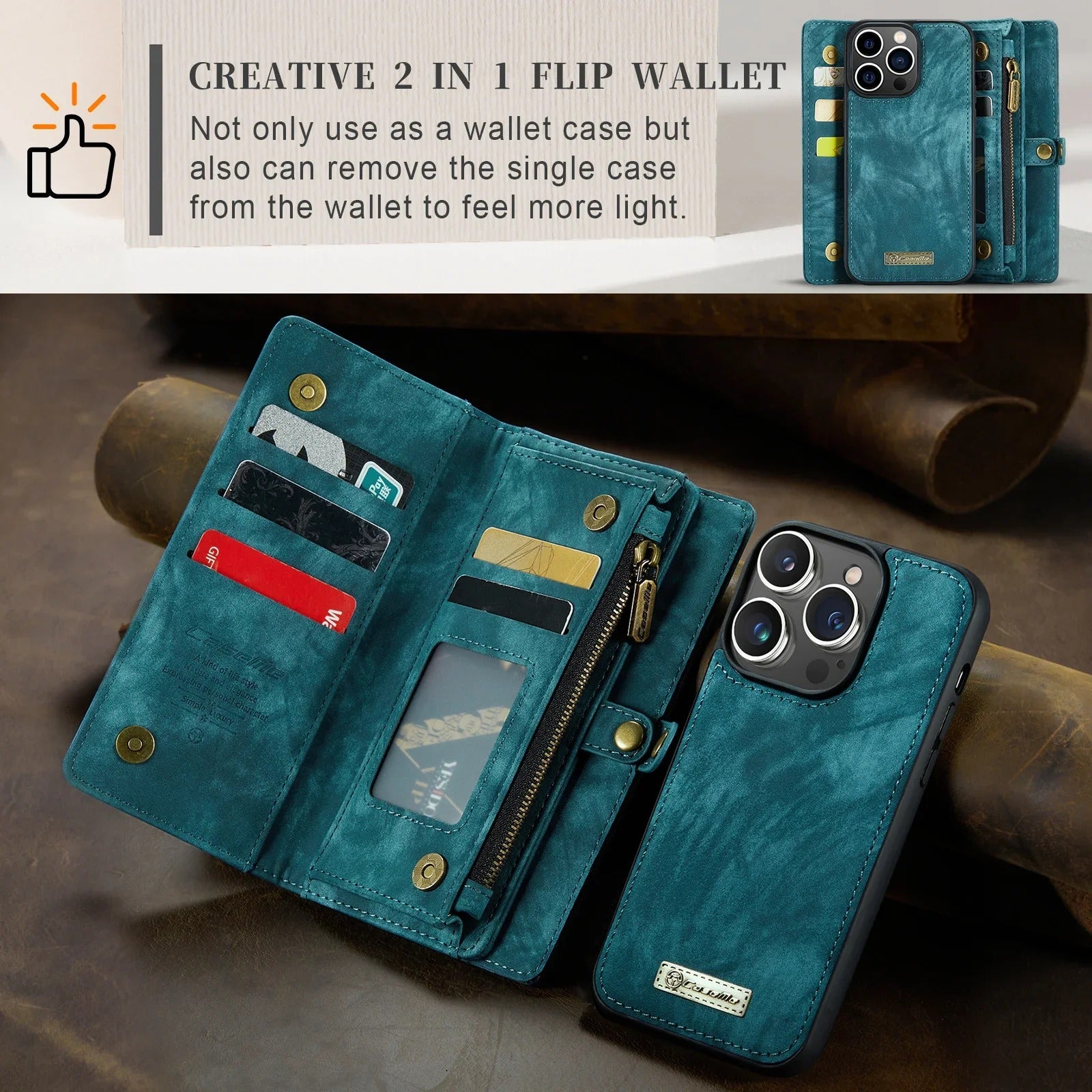 Luxury iPhone Case — 2-in-1 Detachable Magnetic Wallet Cover with Zipper Card Slots, Kickstand Feature and Matte Anti-Fingerprint Leather Design