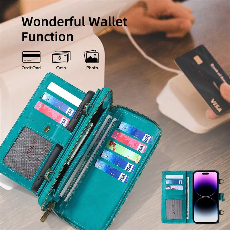 Luxury iPhone Case — 2-in-1 Detachable PU Leather Wallet Cover with Zipper Purse, Magnetic Flip Clasp, Heavy-Duty Dual-Layer Protection and Lanyard