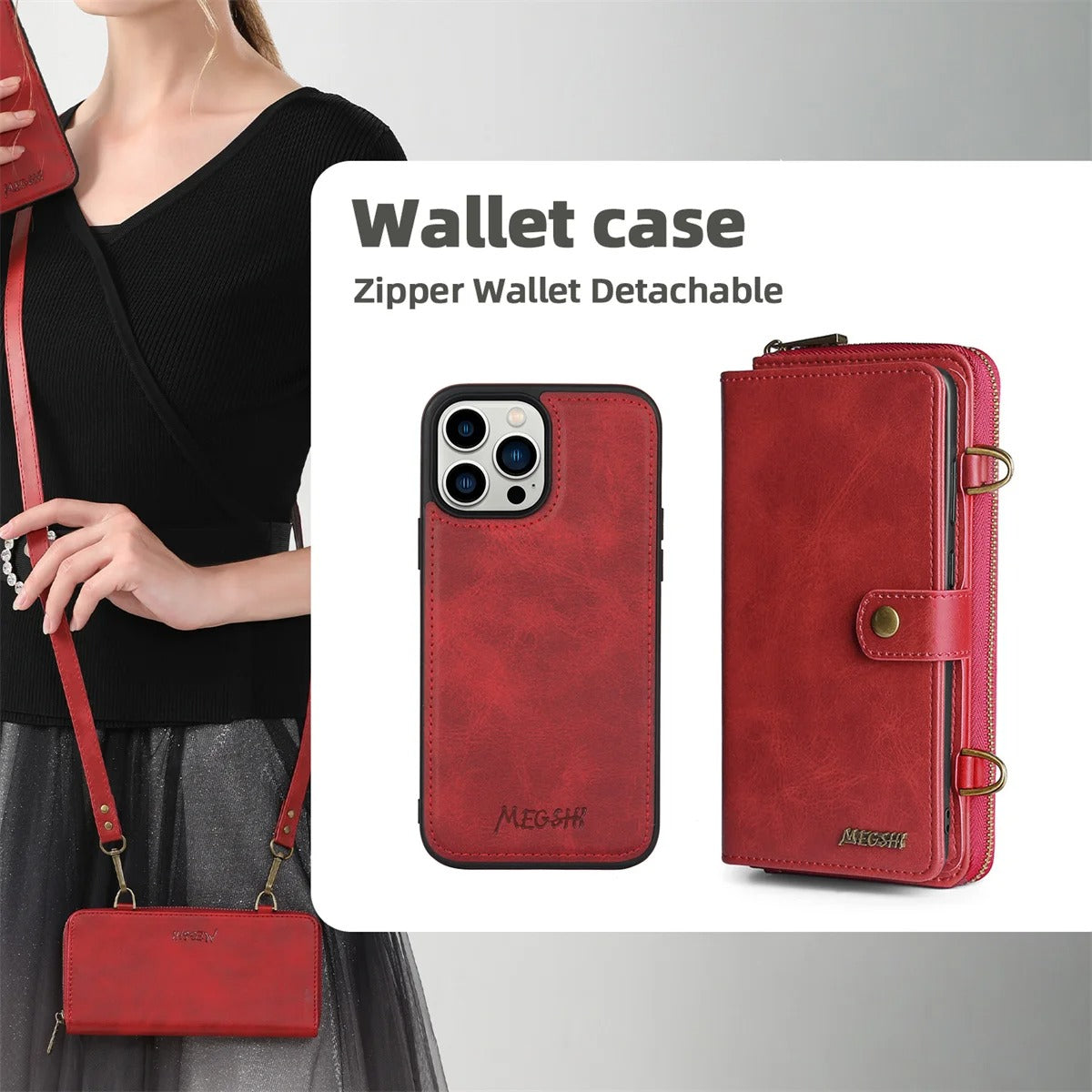 Luxury iPhone Case — 2-in-1 Detachable PU Leather Wallet Cover with Zipper Purse, Magnetic Flip Clasp, Heavy-Duty Dual-Layer Protection and Lanyard