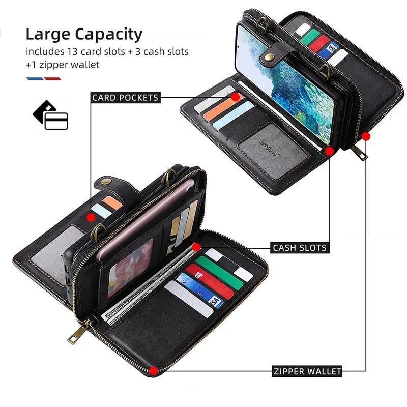 Luxury iPhone Case — 2-in-1 Detachable PU Leather Wallet Cover with Zipper Purse, Magnetic Flip Clasp, Heavy-Duty Dual-Layer Protection and Lanyard