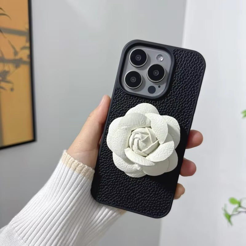 Luxury iPhone Case — 3D Camellia PU Leather Cover with Shockproof Hard Back, Full-Coverage Protection, Anti-Scratch Dustproof Finish & Non-Slip Elegant Design