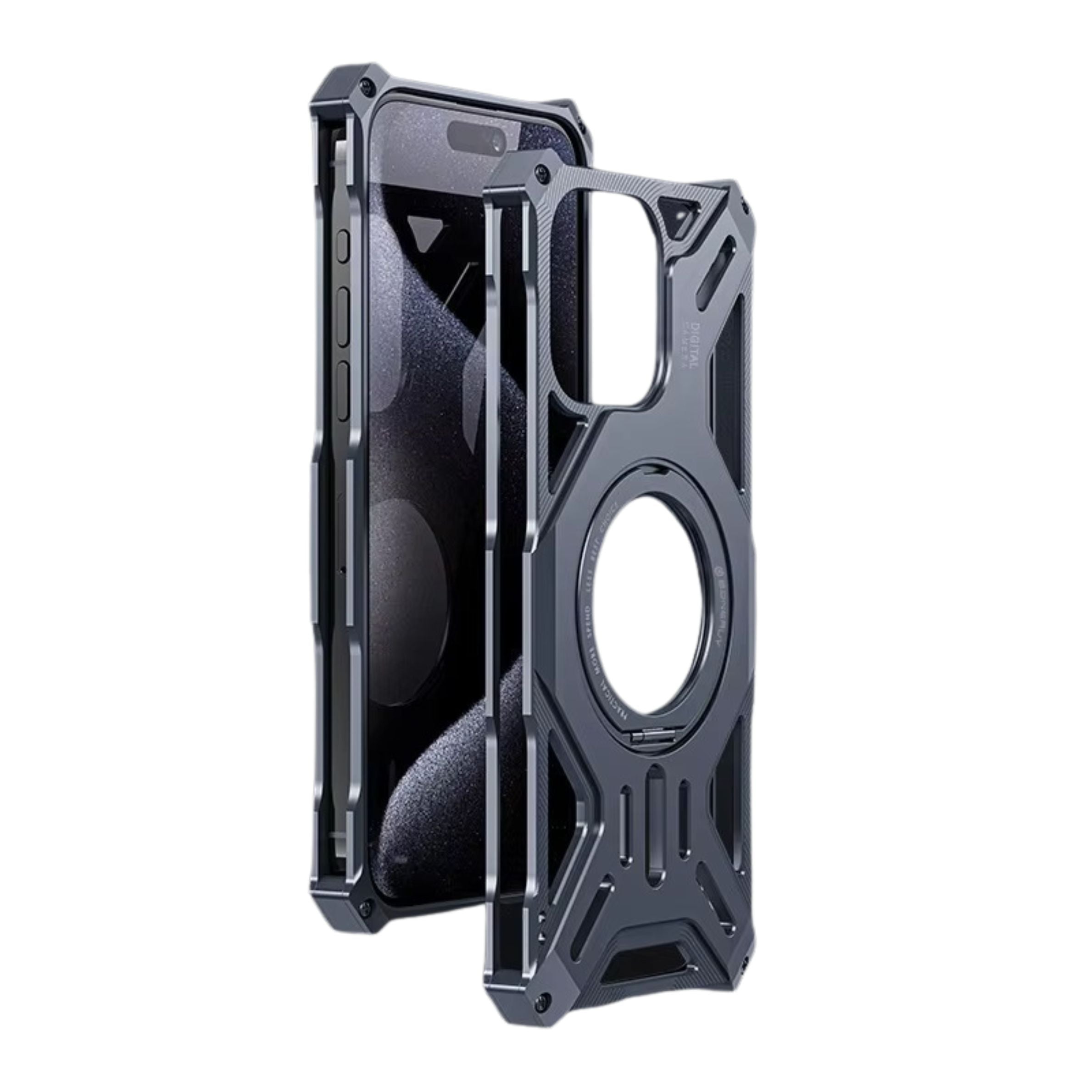 Luxury iPhone Case — All-Aluminum Hollow-Out Magnetic Cover with 360° Rotating Stereo Stand, Shockproof Heat-Dissipating Design