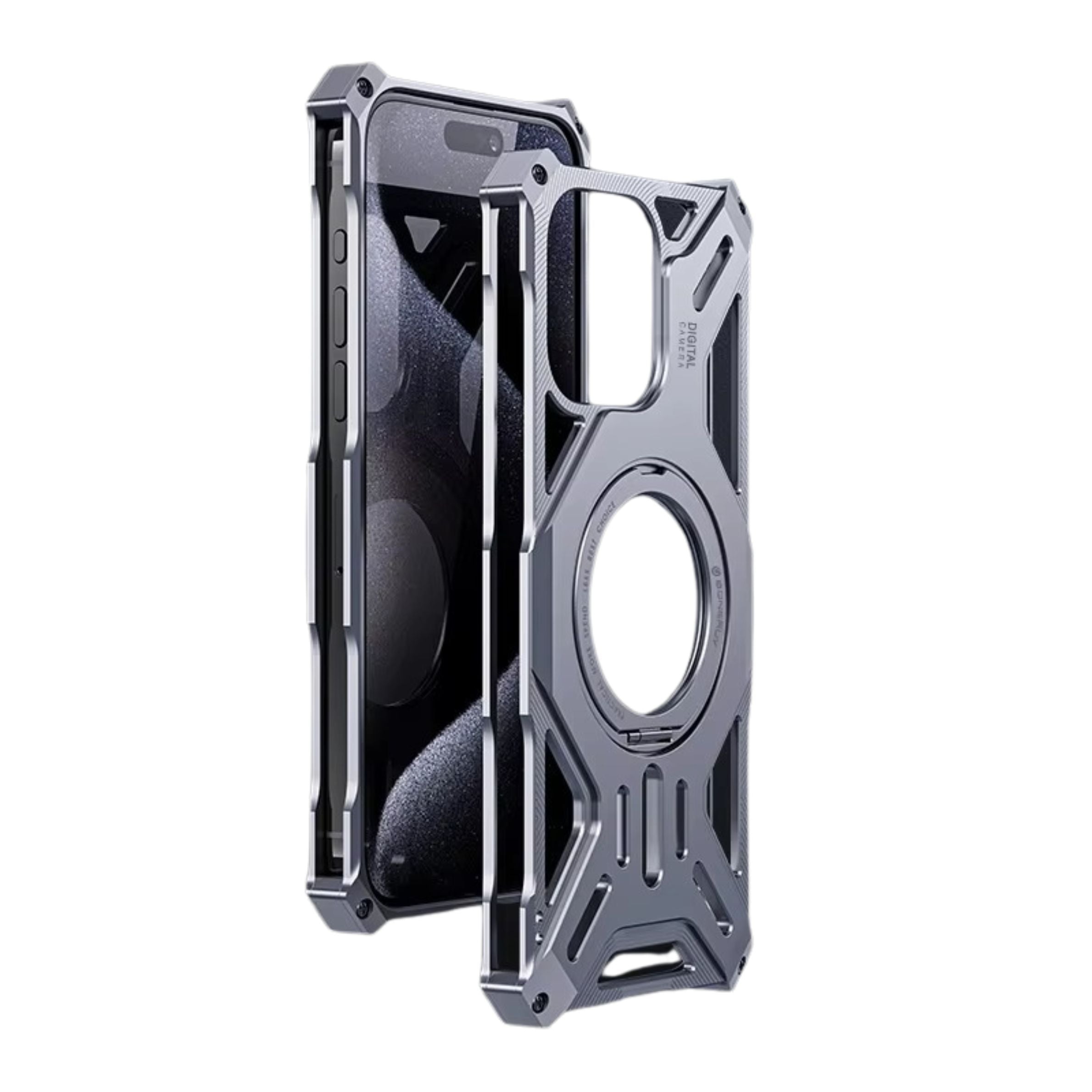 Luxury iPhone Case — All-Aluminum Hollow-Out Magnetic Cover with 360° Rotating Stereo Stand, Shockproof Heat-Dissipating Design