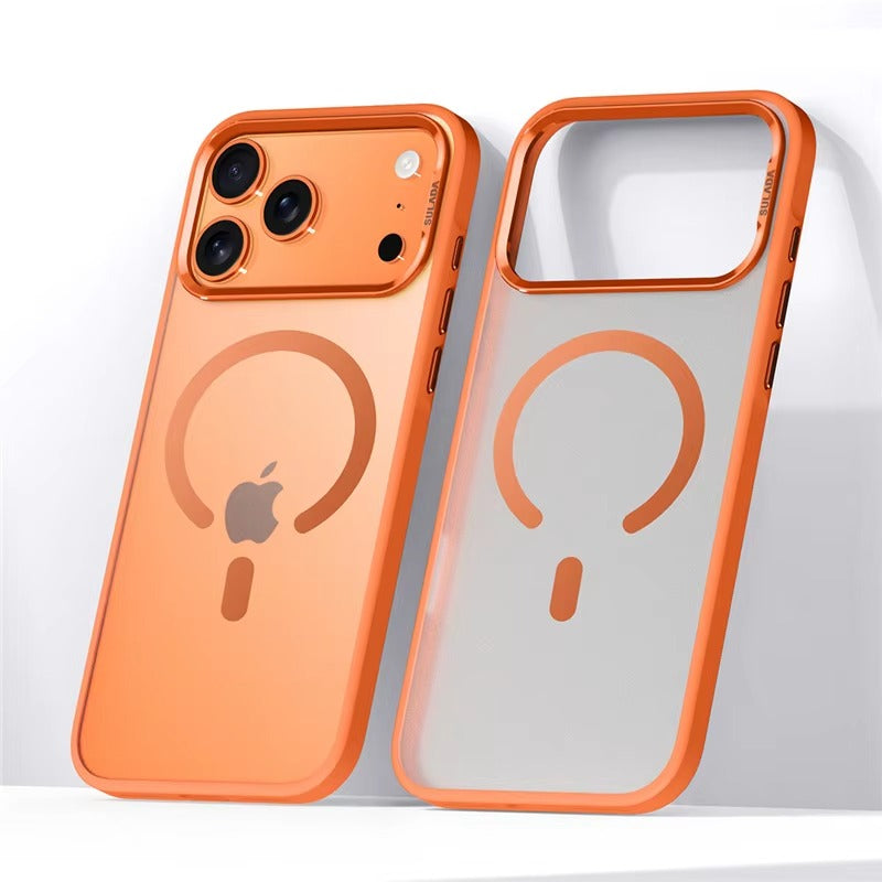 Luxury iPhone Case — Alloy Lens Frame Matte MagSafe Cover with Translucent Hybrid Design, Magnetic Shockproof PC+TPU Hard Half-Wrapped Protection