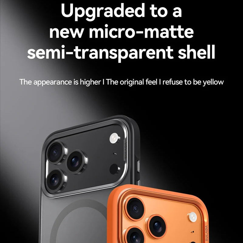 Luxury iPhone Case — Alloy Lens Frame Matte MagSafe Cover with Translucent Hybrid Design, Magnetic Shockproof PC+TPU Hard Half-Wrapped Protection