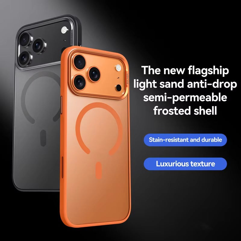 Luxury iPhone Case — Alloy Lens Frame Matte MagSafe Cover with Translucent Hybrid Design, Magnetic Shockproof PC+TPU Hard Half-Wrapped Protection