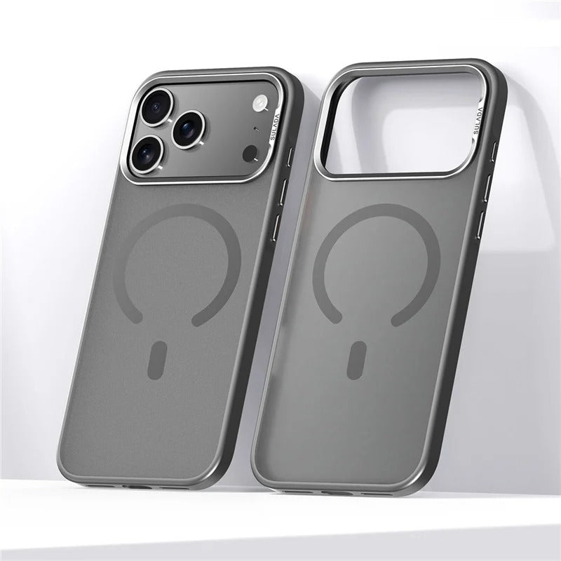 Luxury iPhone Case — Alloy Lens Frame Matte MagSafe Cover with Translucent Hybrid Design, Magnetic Shockproof PC+TPU Hard Half-Wrapped Protection