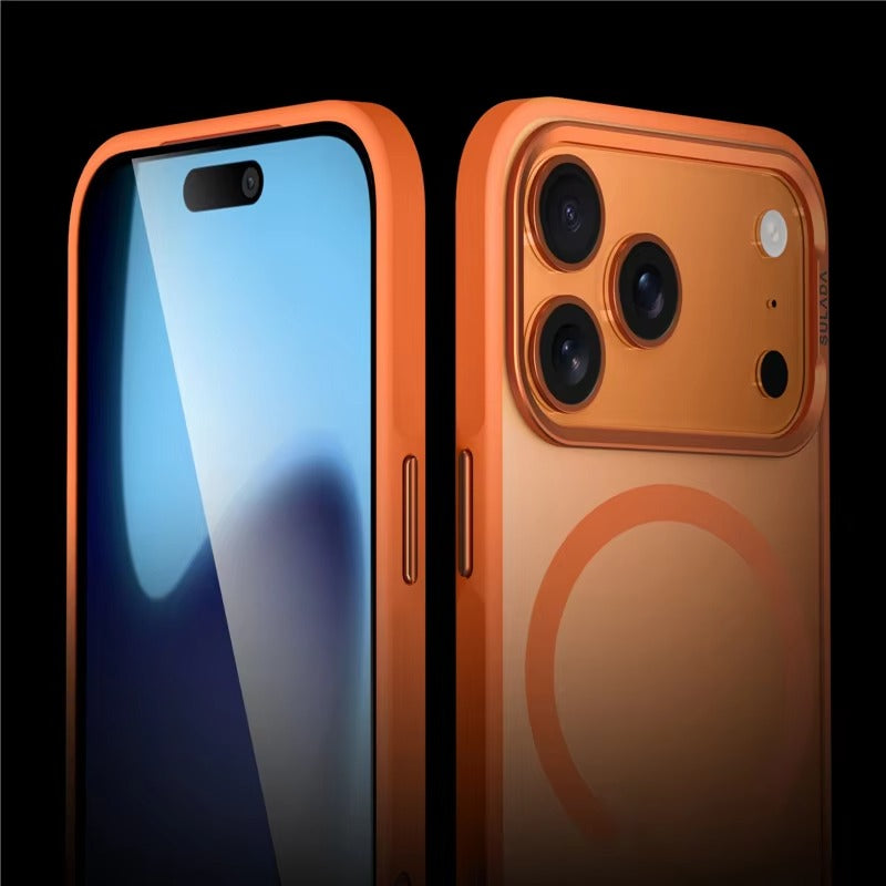 Luxury iPhone Case — Alloy Lens Frame Matte MagSafe Cover with Translucent Hybrid Design, Magnetic Shockproof PC+TPU Hard Half-Wrapped Protection