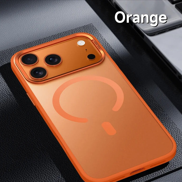 Luxury iPhone Case — Alloy Lens Frame Matte MagSafe Cover with Translucent Hybrid Design, Magnetic Shockproof PC+TPU Hard Half-Wrapped Protection
