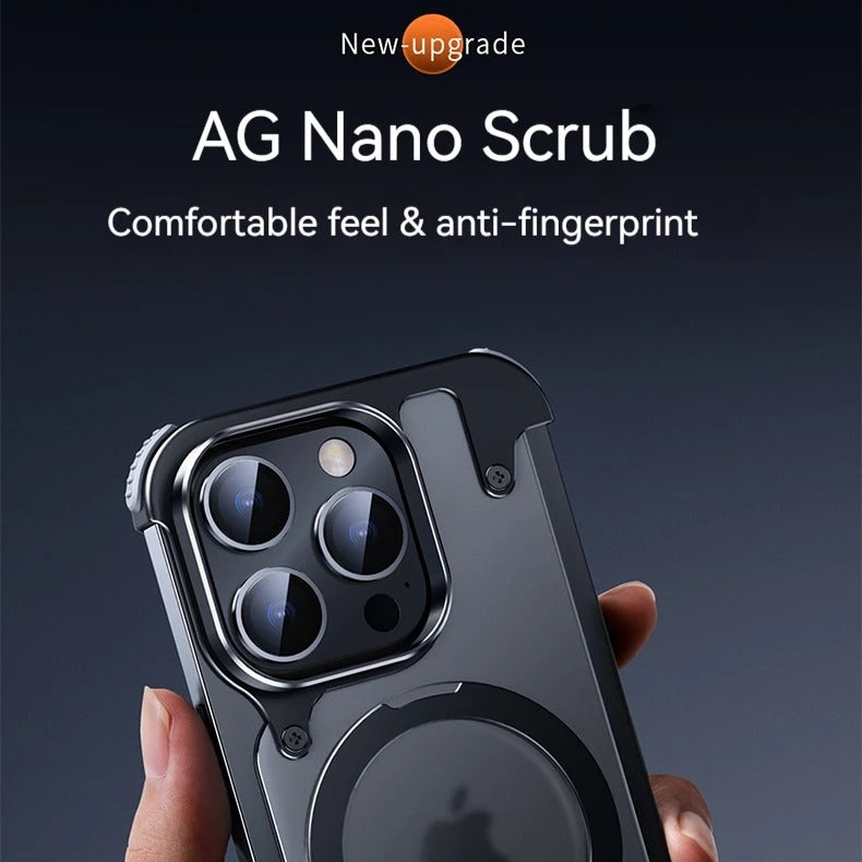 Luxury iPhone Case — Aluminum Alloy Rimless Magnetic Stand Cover with Metal Lens Protection, Frosted Matte Back & Shockproof Design