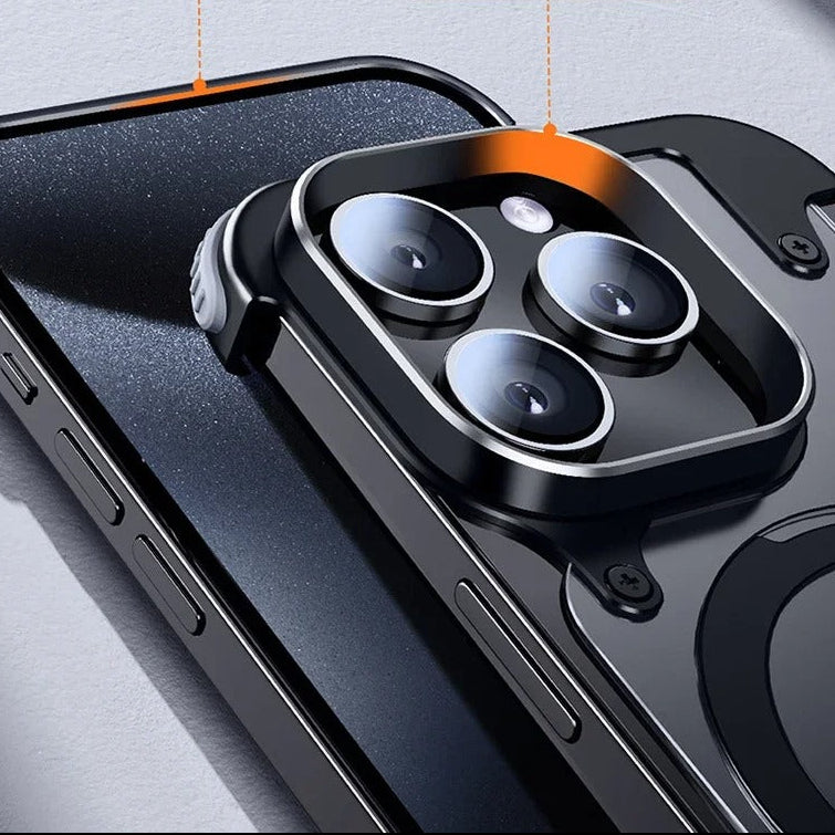 Luxury iPhone Case — Aluminum Alloy Rimless Magnetic Stand Cover with Metal Lens Protection, Frosted Matte Back & Shockproof Design