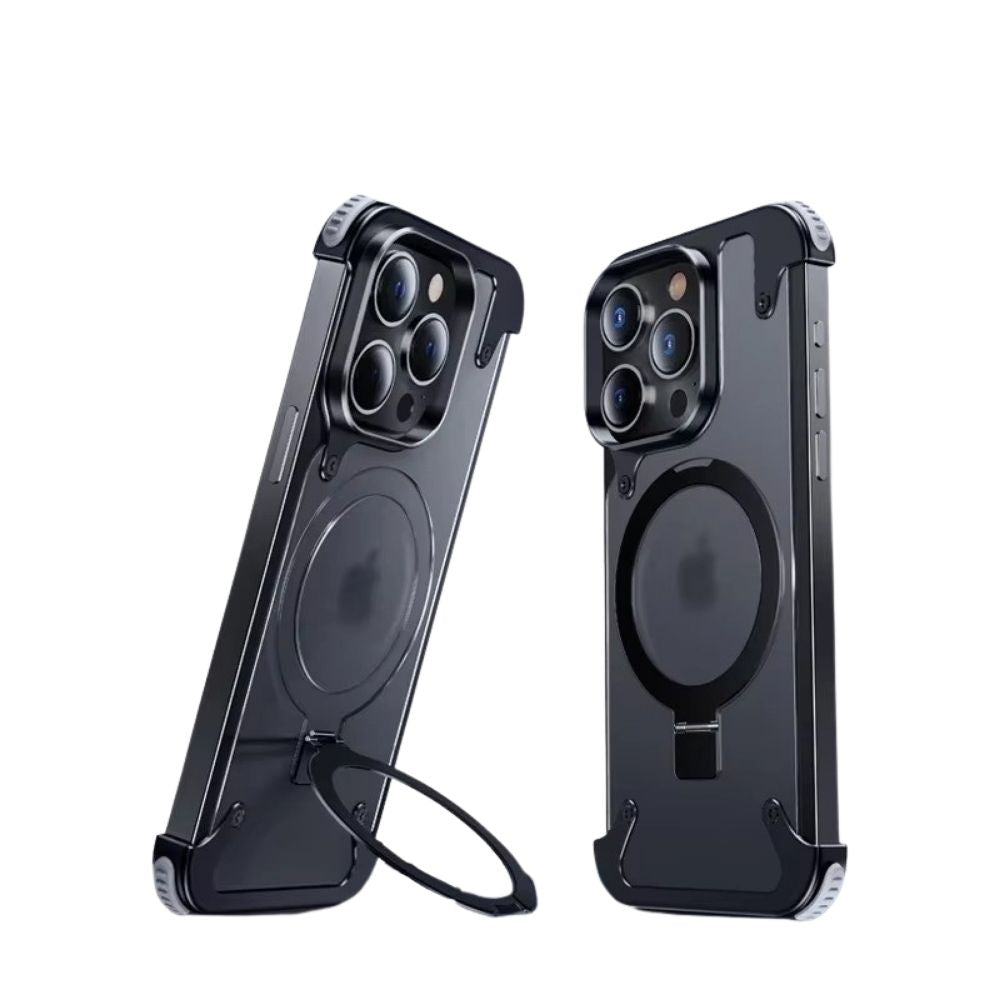 Luxury iPhone Case — Aluminum Alloy Rimless Magnetic Stand Cover with Metal Lens Protection, Frosted Matte Back & Shockproof Design