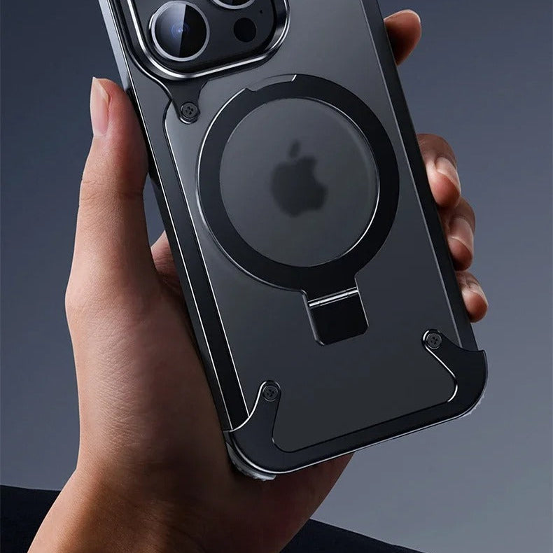 Luxury iPhone Case — Aluminum Alloy Rimless Magnetic Stand Cover with Metal Lens Protection, Frosted Matte Back & Shockproof Design