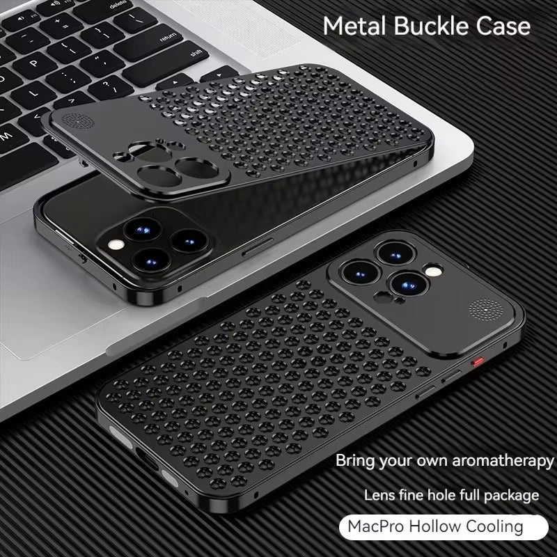 Luxury iPhone Case — Aluminum Aromatherapy Heat-Dissipation Cover with Auto-Popup Fragrance, Shockproof Metal Frame and Anti-Fingerprint Lightweight Design