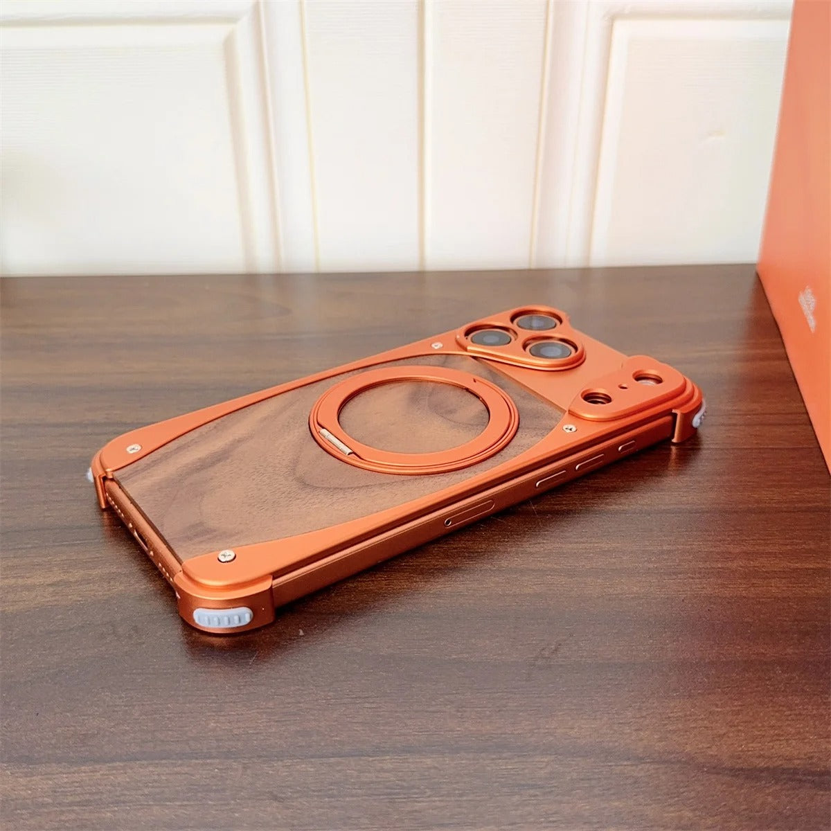 Luxury iPhone Case — Aluminum Metal Golden-Thread Magnetic Cover with Shockproof Bracket and Drop-Proof Durable Protection