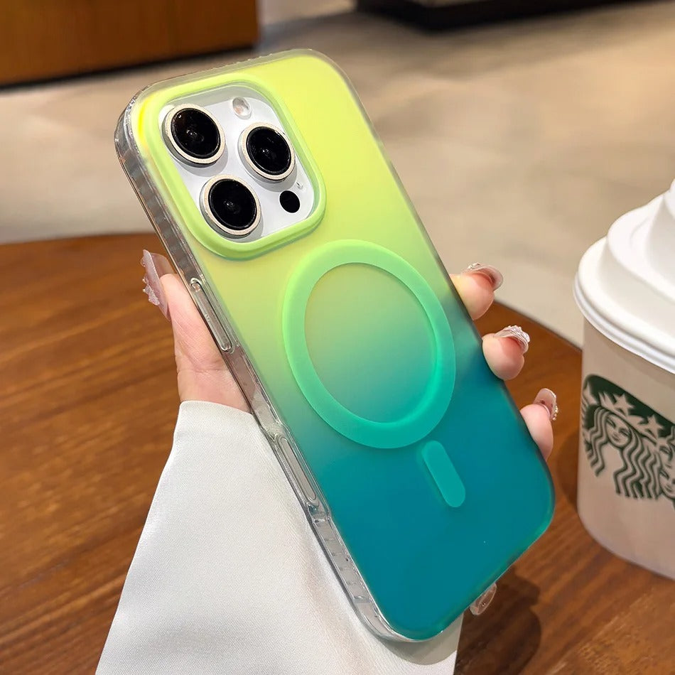Luxury iPhone Case — Aurora Gradient Magnetic Cover with Shockproof Lightweight Design, Double-Color Finish and Non-Slip Wireless-Charging Compatibility