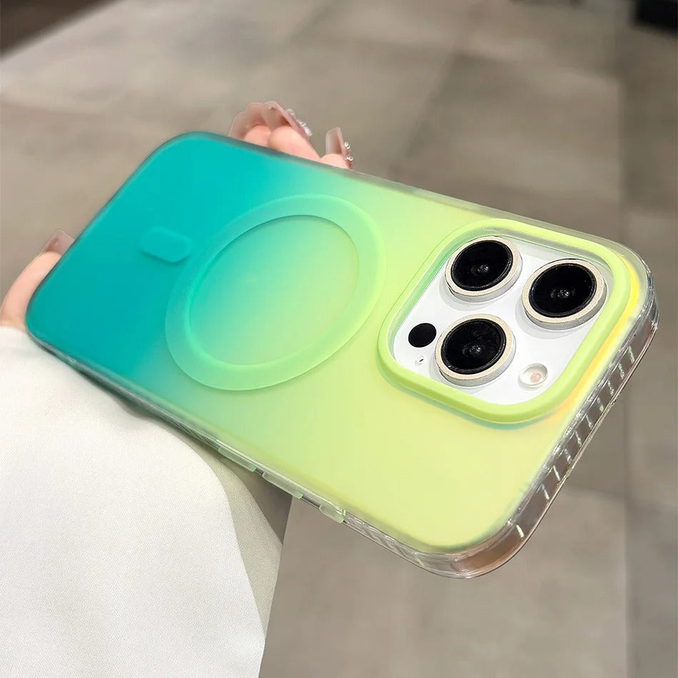Luxury iPhone Case — Aurora Gradient Magnetic Cover with Shockproof Lightweight Design, Double-Color Finish and Non-Slip Wireless-Charging Compatibility