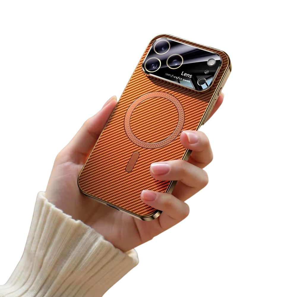 Luxury iPhone Case — Carbon-Fiber Pattern MagSafe Wireless-Charging Cover with Shockproof Plating Design and Slim TPU Protection