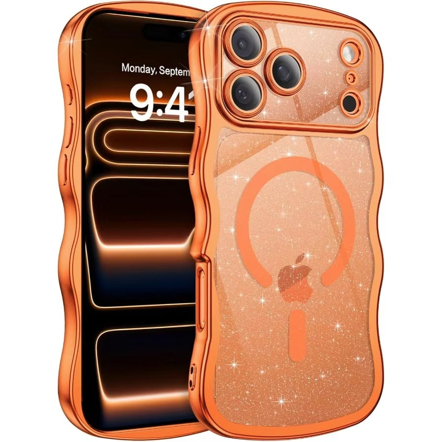 Luxury iPhone Case — Clear Glitter Magnetic Hard Cover with MagSafe Compatibility, Plated Wavy Frame Design & Cute Anti-Slip Style