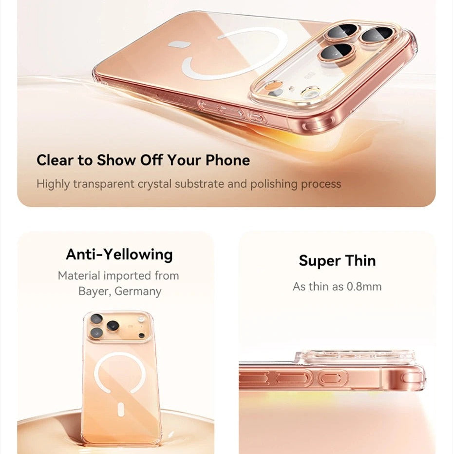 Luxury iPhone Case — Clear MagSafe Magnetic Cover with Ultra-Thin Anti-Yellowing PC Design, Strong N54 Magnets and Shockproof Grip Protection
