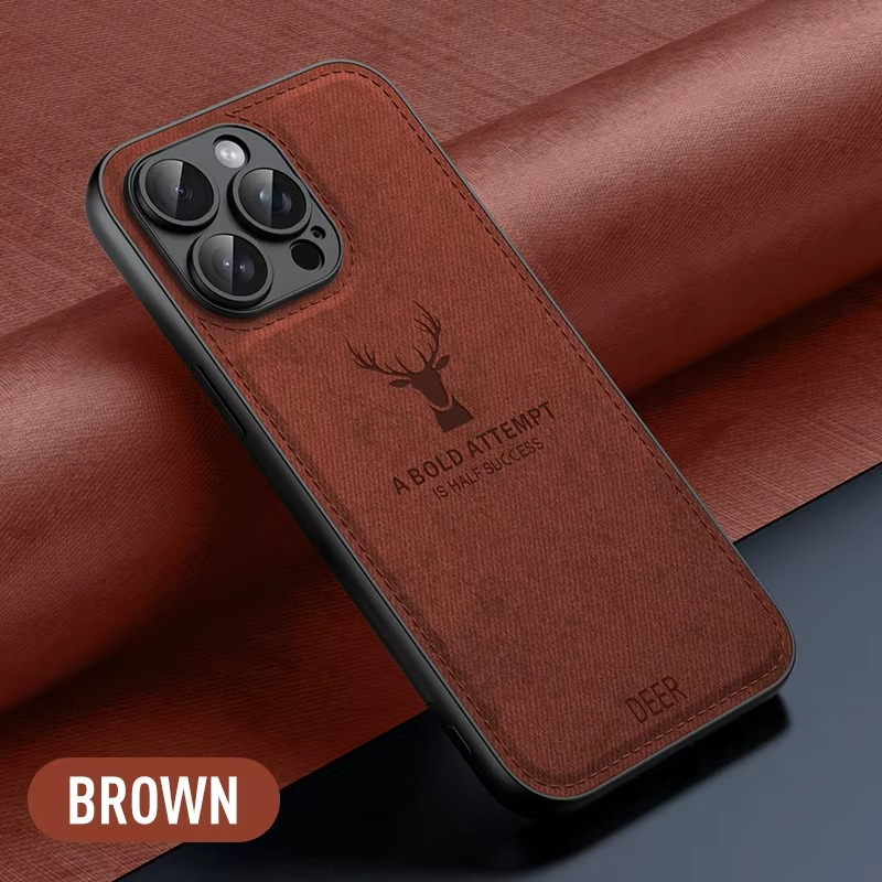 Luxury iPhone Case — Cloth Leather Deer Head Pattern Cover with Shockproof Soft Full-Coverage Protection, Anti-Fingerprint Matte Non-Slip Design