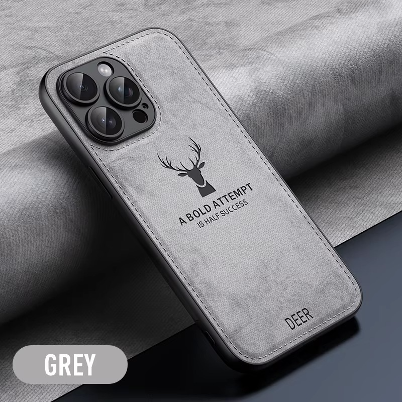 Luxury iPhone Case — Cloth Leather Deer Head Pattern Cover with Shockproof Soft Full-Coverage Protection, Anti-Fingerprint Matte Non-Slip Design
