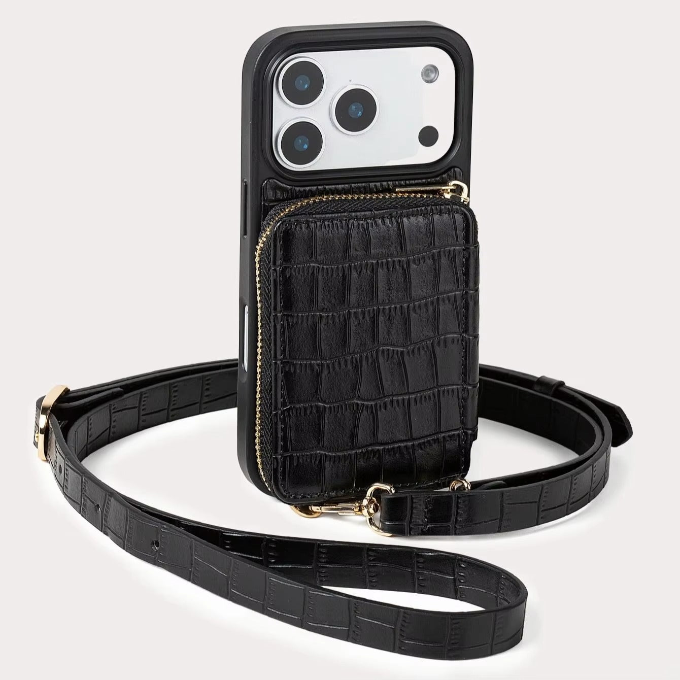 Luxury iPhone Case — Crocodile-Pattern Crossbody Wallet Cover with Lanyard, Soft Anti-Fingerprint Leather and Card Storage Design