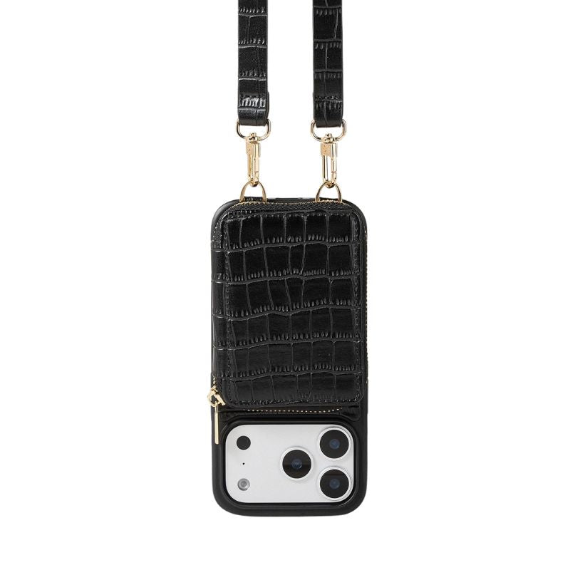 Luxury iPhone Case — Crocodile-Pattern Crossbody Wallet Cover with Lanyard, Soft Anti-Fingerprint Leather and Card Storage Design