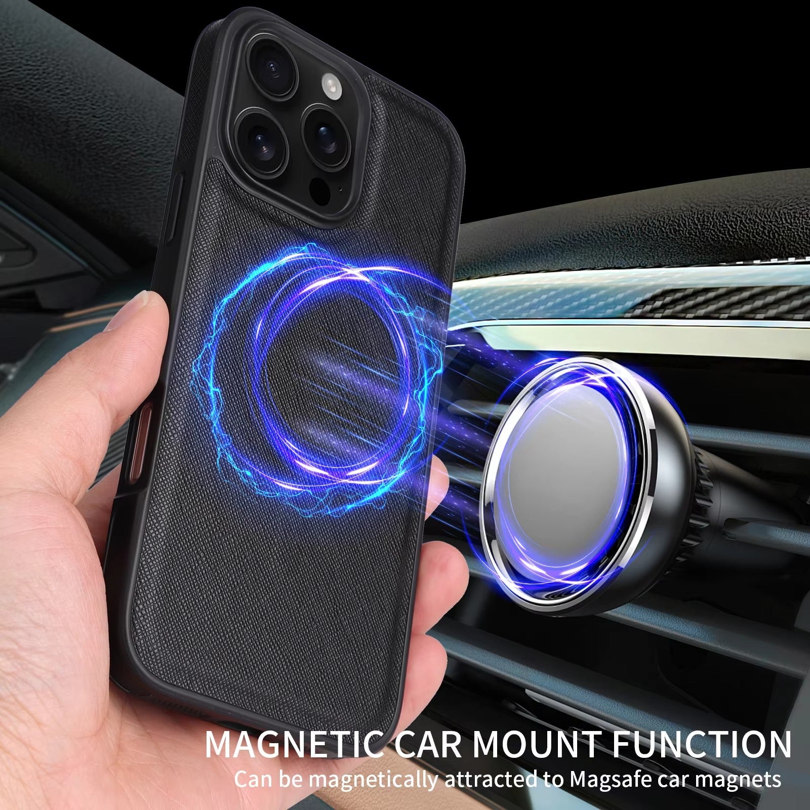 Luxury iPhone Case — Cross-Grain Magnetic MagSafe Cover with Card Holder, Shockproof PC+TPU Protection and Lightweight Non-Slip Design