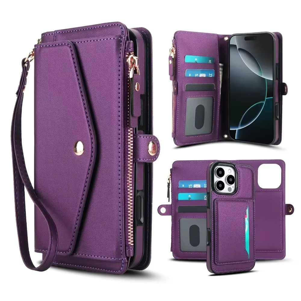 Luxury iPhone Case — Crossbody Detachable Magnetic Wallet Cover with Lanyard, Holder Feature and Anti-Fingerprint PU Leather Design