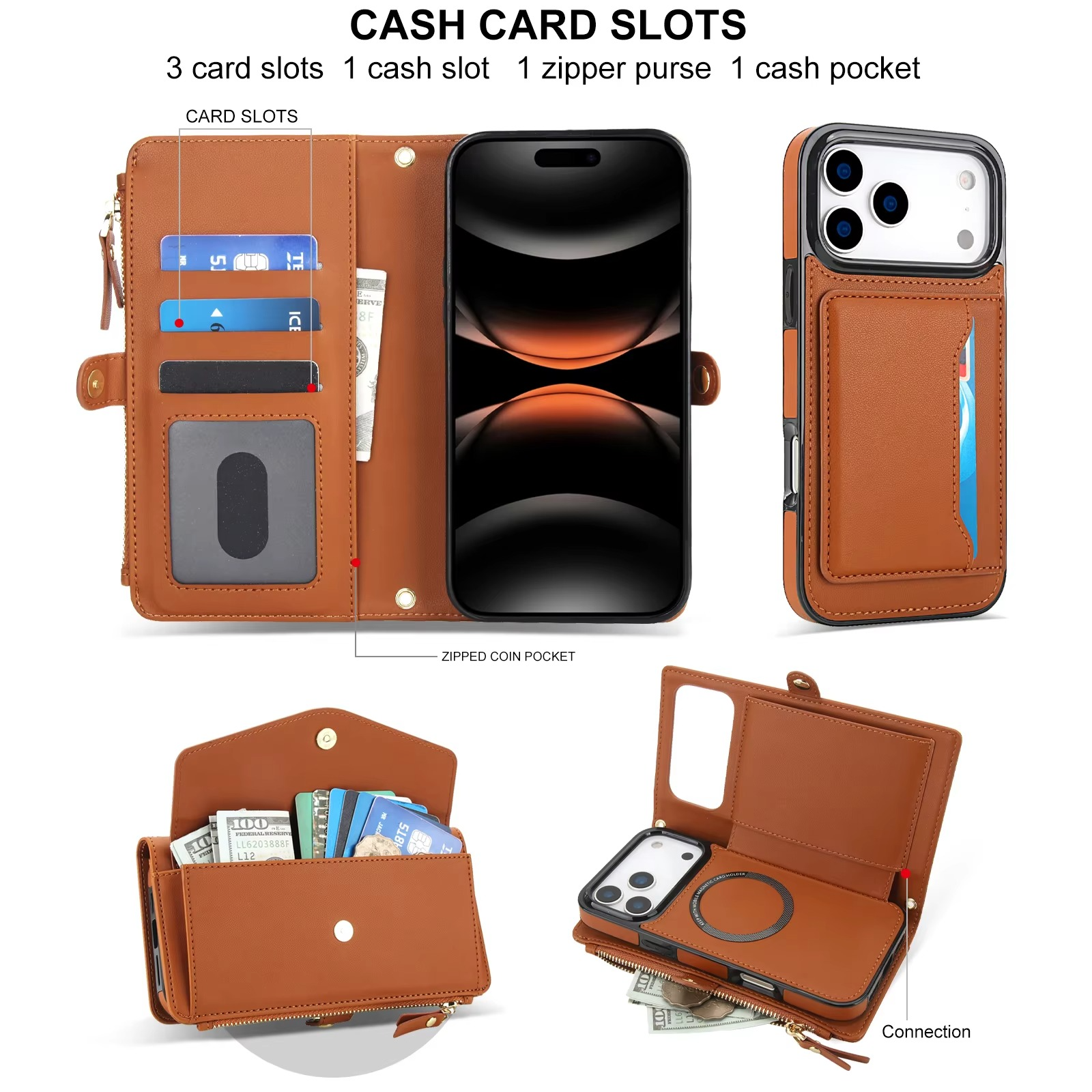 Luxury iPhone Case — Crossbody Detachable Magnetic Wallet Cover with Lanyard, Holder Feature and Anti-Fingerprint PU Leather Design
