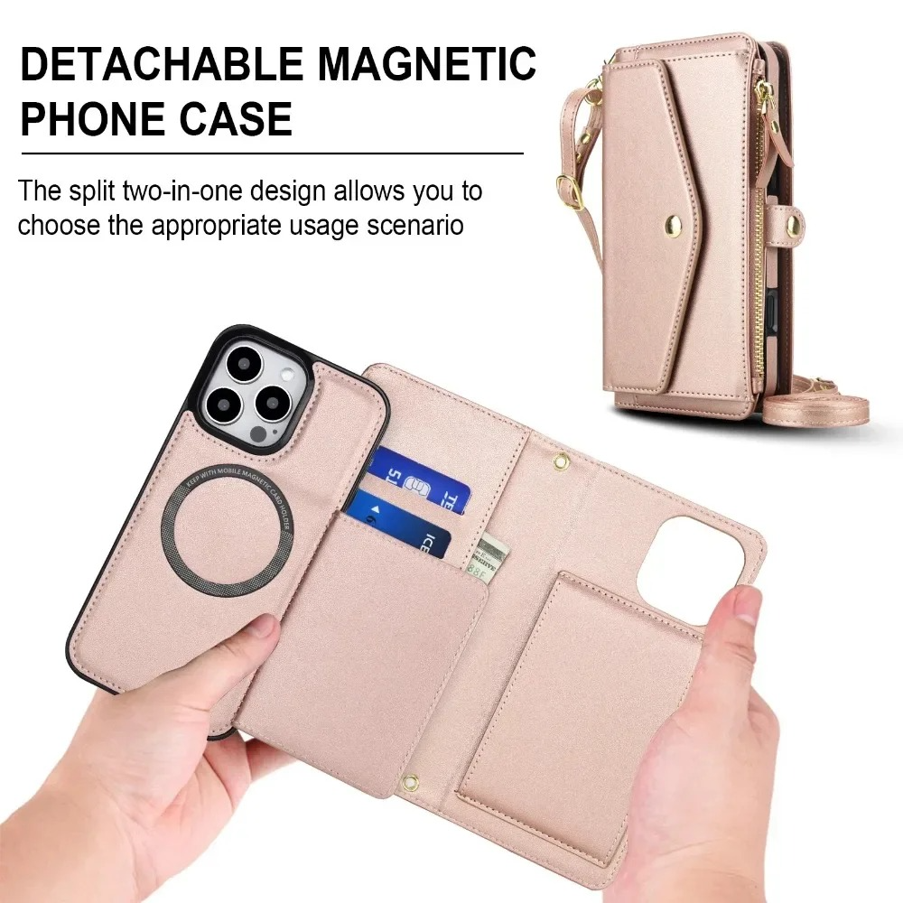 Luxury iPhone Case — Crossbody Detachable Magnetic Wallet Cover with Lanyard, Holder Feature and Anti-Fingerprint PU Leather Design