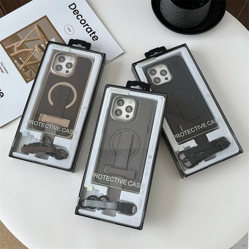 Luxury iPhone Case — Crossbody Leather Magnetic Cover with Wrist Strap Rope Holder, Shockproof Bracket Design and Anti-Fingerprint Protection