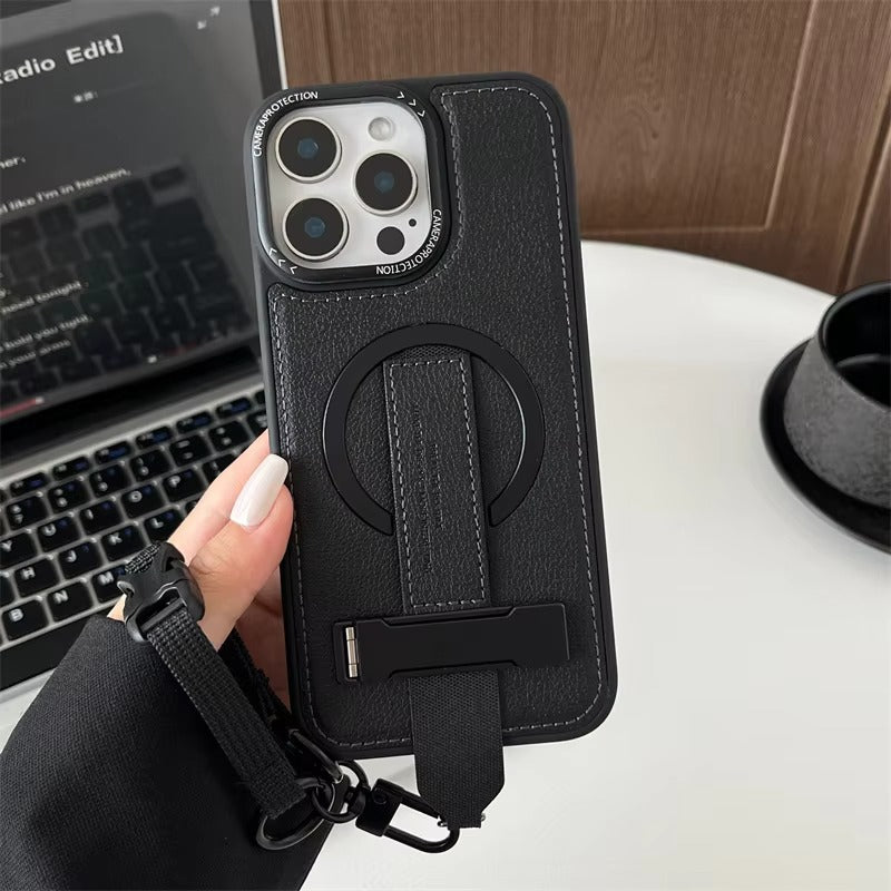 Luxury iPhone Case — Crossbody Leather Magnetic Cover with Wrist Strap Rope Holder, Shockproof Bracket Design and Anti-Fingerprint Protection