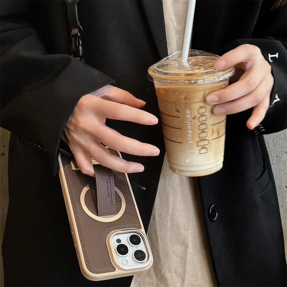 Luxury iPhone Case — Crossbody Leather Magnetic Cover with Wrist Strap Rope Holder, Shockproof Bracket Design and Anti-Fingerprint Protection